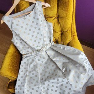 Silver & gold polka dot cocktail dress with pockets!